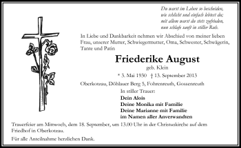 Traueranzeige von Friederike August von Frankenpost
