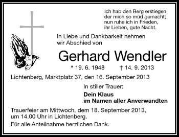 Traueranzeige von Gerhard Wendler von Frankenpost