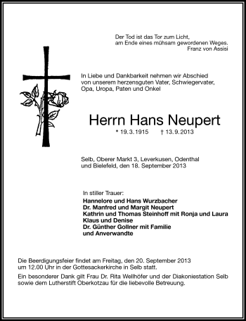 Traueranzeige von Hans Neupert von Frankenpost