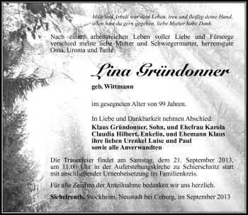 Traueranzeige von Lina Gründonner von Südthüringer Presse