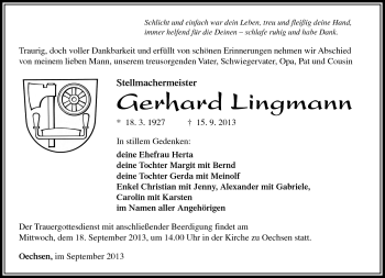 Traueranzeige von Gerhard Lingmann von Südthüringer Presse