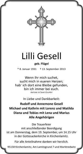 Traueranzeige von Gesell Lilli von Frankenpost