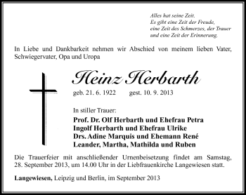 Traueranzeige von Heinz Herbarth von Südthüringer Presse