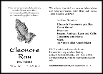 Traueranzeige von Eleonore Rau von Südthüringer Presse