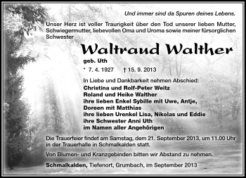 Traueranzeige von Waldtraud Walther von Südthüringer Presse