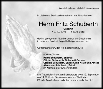 Traueranzeige von Fritz Schuberth von Frankenpost