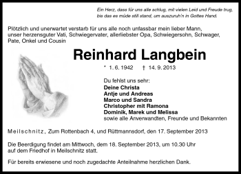 Traueranzeige von Reinhard Langbein von Neue Presse Coburg
