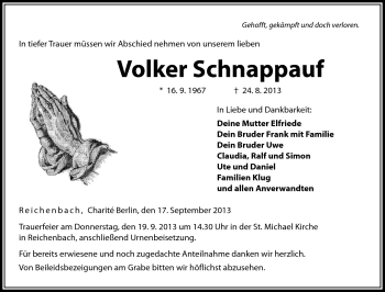 Traueranzeige von Volker Schnappauf von Neue Presse Coburg