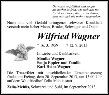 Traueranzeige von Wilfried Wagner von Südthüringer Presse