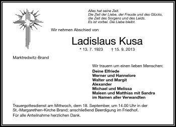 Traueranzeige von Ladislaus Kusa von Frankenpost