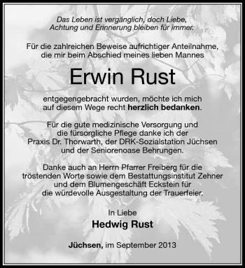 Traueranzeige von Erwin Rust von Südthüringer Presse