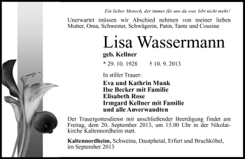 Traueranzeige von Lisa Wassermann von Südthüringer Presse
