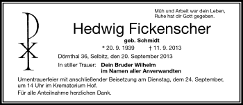 Traueranzeige von Hedwig Fickenscher von Frankenpost