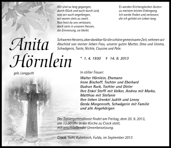 Traueranzeige von Anita Hörnlein von Südthüringer Presse
