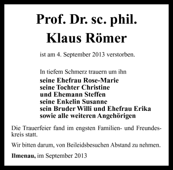 Traueranzeige von Klaus Römer von Südthüringer Presse