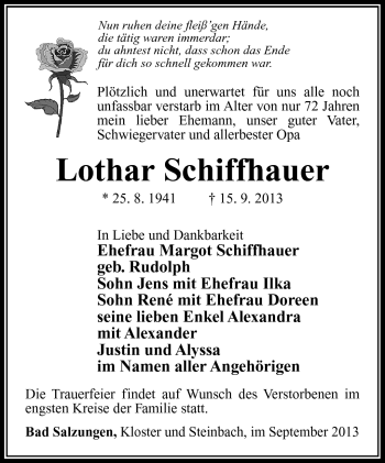 Traueranzeige von Lothar Schiffhauer von Südthüringer Presse