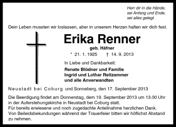 Traueranzeige von Erika Renner von Neue Presse Coburg