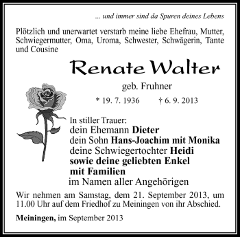 Traueranzeige von Renate Walter von Südthüringer Presse