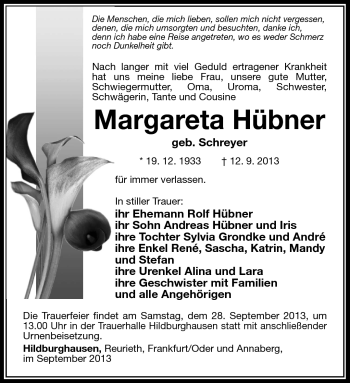 Traueranzeige von Margareta Hübner von Südthüringer Presse