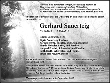 Traueranzeige von Gerhard Sauerteig von Südthüringer Presse