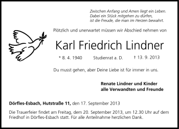 Traueranzeige von Karl Friedrich Lindner von Neue Presse Coburg