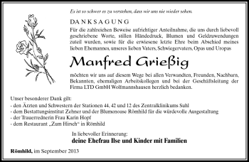 Traueranzeige von Manfred Grießig von Südthüringer Presse