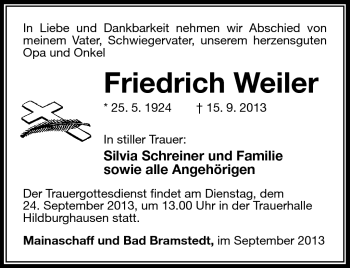 Traueranzeige von Friedrich Weiler von Südthüringer Presse