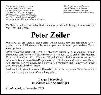 Traueranzeige von Peter Zeiler von Südthüringer Presse