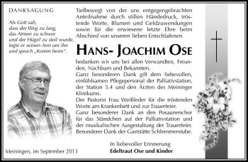 Traueranzeige von Hans-Joachim Ose von Südthüringer Presse