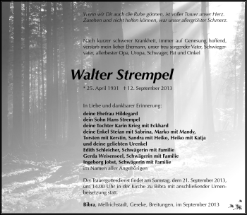 Traueranzeige von Walter Strempel von Südthüringer Presse