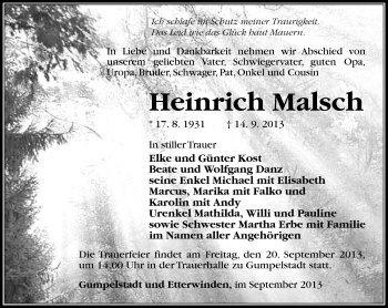 Traueranzeige von Heinrich Malsch von Südthüringer Presse