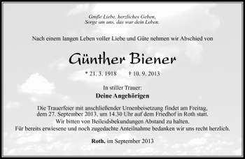 Traueranzeige von Günther Biener von Südthüringer Presse