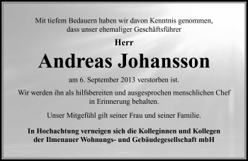 Traueranzeige von Andreas Johansson von Südthüringer Presse