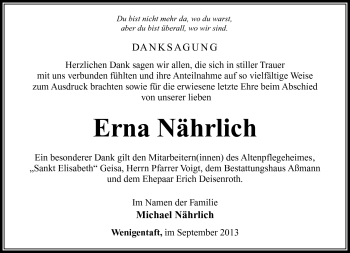 Traueranzeige von Erna Nährlich von Südthüringer Presse