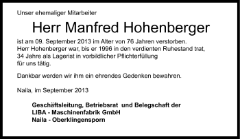 Traueranzeige von Manfred Hohenberger von Frankenpost