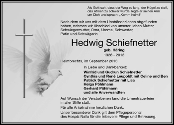 Traueranzeige von Hedwig Schiefnetter von Frankenpost