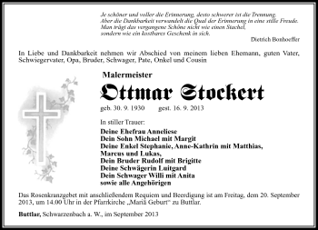 Traueranzeige von Ottmar Stockert von Südthüringer Presse
