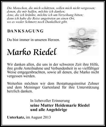 Traueranzeige von Marko Riedel von Südthüringer Presse