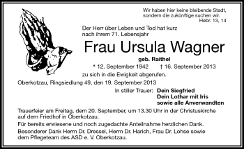 Traueranzeige von Ursula Wagner von Frankenpost