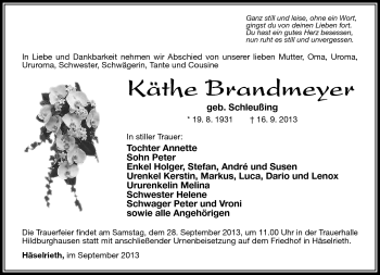 Traueranzeige von Käthe Brandmeyer von Südthüringer Presse