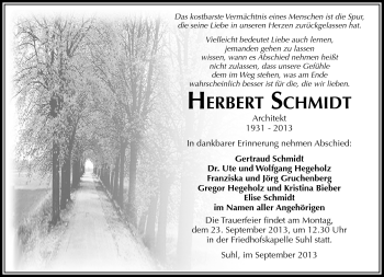 Traueranzeige von Herbert Schmidt von Südthüringer Presse