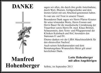 Traueranzeige von Manfred Hohenberger von Frankenpost