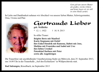 Traueranzeige von Gertraude Lieber von Südthüringer Presse