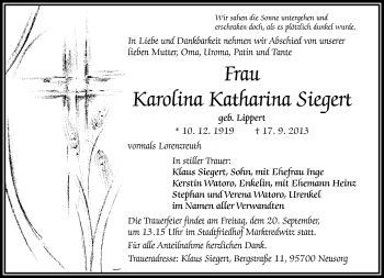Traueranzeige von Karolina Katharina Siegert von Frankenpost