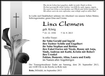 Traueranzeige von Lisa Clemen von Südthüringer Presse