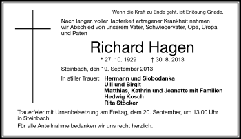 Traueranzeige von Richard Hagen von Frankenpost