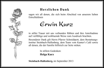 Traueranzeige von Erwin Kurz von Südthüringer Presse