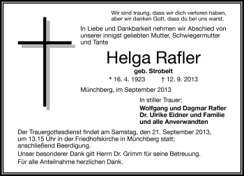 Traueranzeige von Helga Rafler von Frankenpost