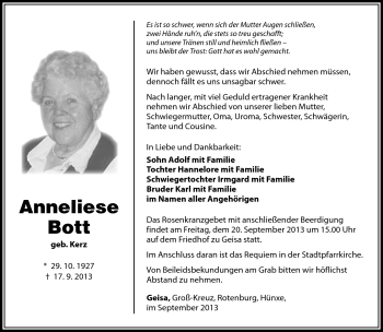 Traueranzeige von Anneliese Bott von Südthüringer Presse