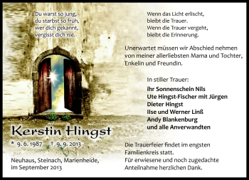 Traueranzeige von Kerstin Hingst von Südthüringer Presse